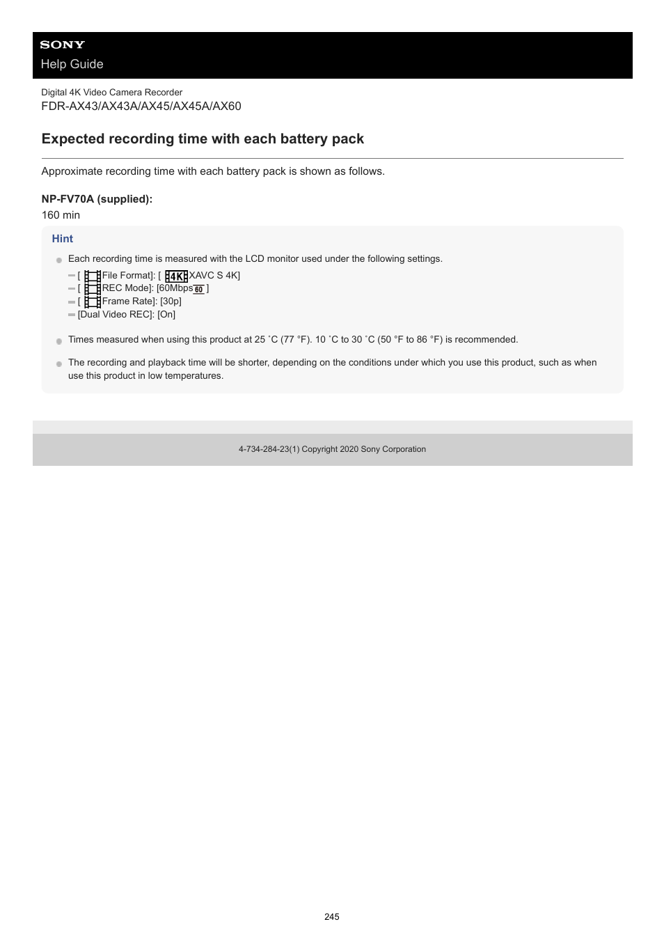 Expected recording time with each battery pack, Help guide | Sony BRAVIA BZ40J 100" Class 4K UHD HDR Commercial Monitor User Manual | Page 245 / 353