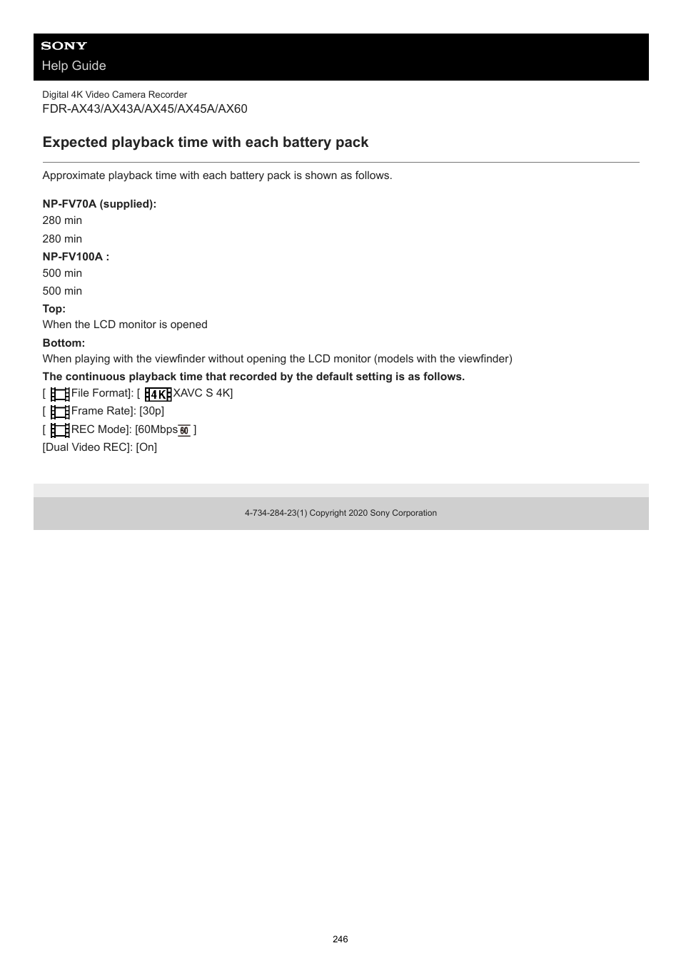 Expected playback time with each battery pack | Sony BRAVIA BZ40J 100" Class 4K UHD HDR Commercial Monitor User Manual | Page 246 / 353