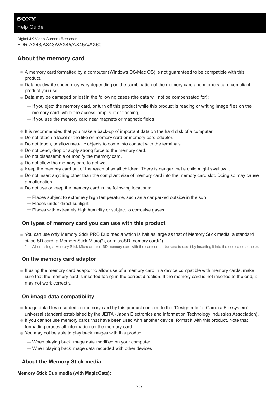 About the memory card | Sony BRAVIA BZ40J 100" Class 4K UHD HDR Commercial Monitor User Manual | Page 259 / 353