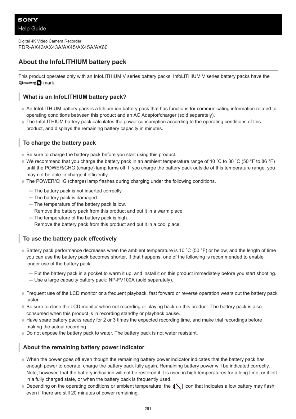 About the infolithium battery pack | Sony BRAVIA BZ40J 100" Class 4K UHD HDR Commercial Monitor User Manual | Page 261 / 353