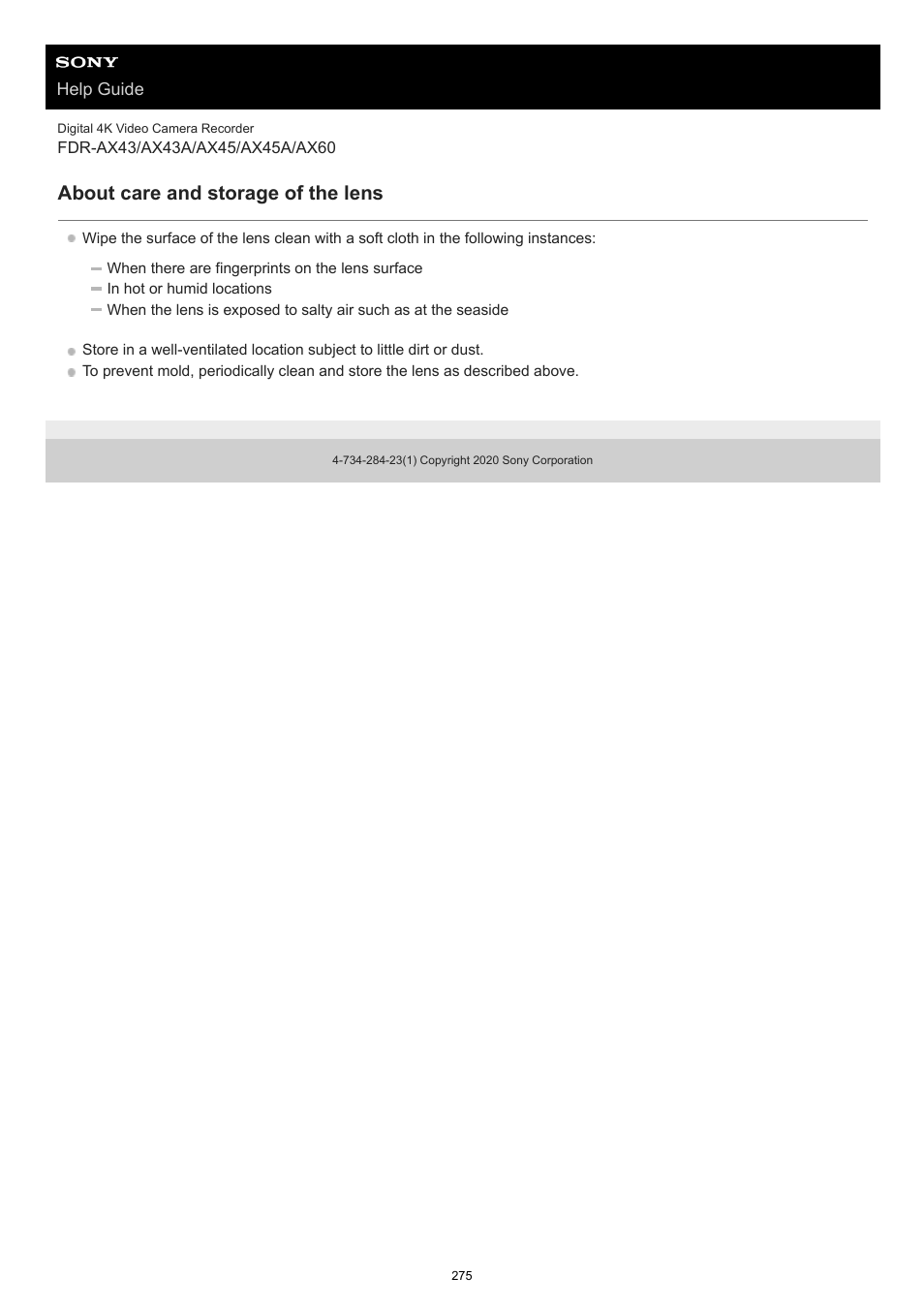 About care and storage of the lens | Sony BRAVIA BZ40J 100" Class 4K UHD HDR Commercial Monitor User Manual | Page 275 / 353