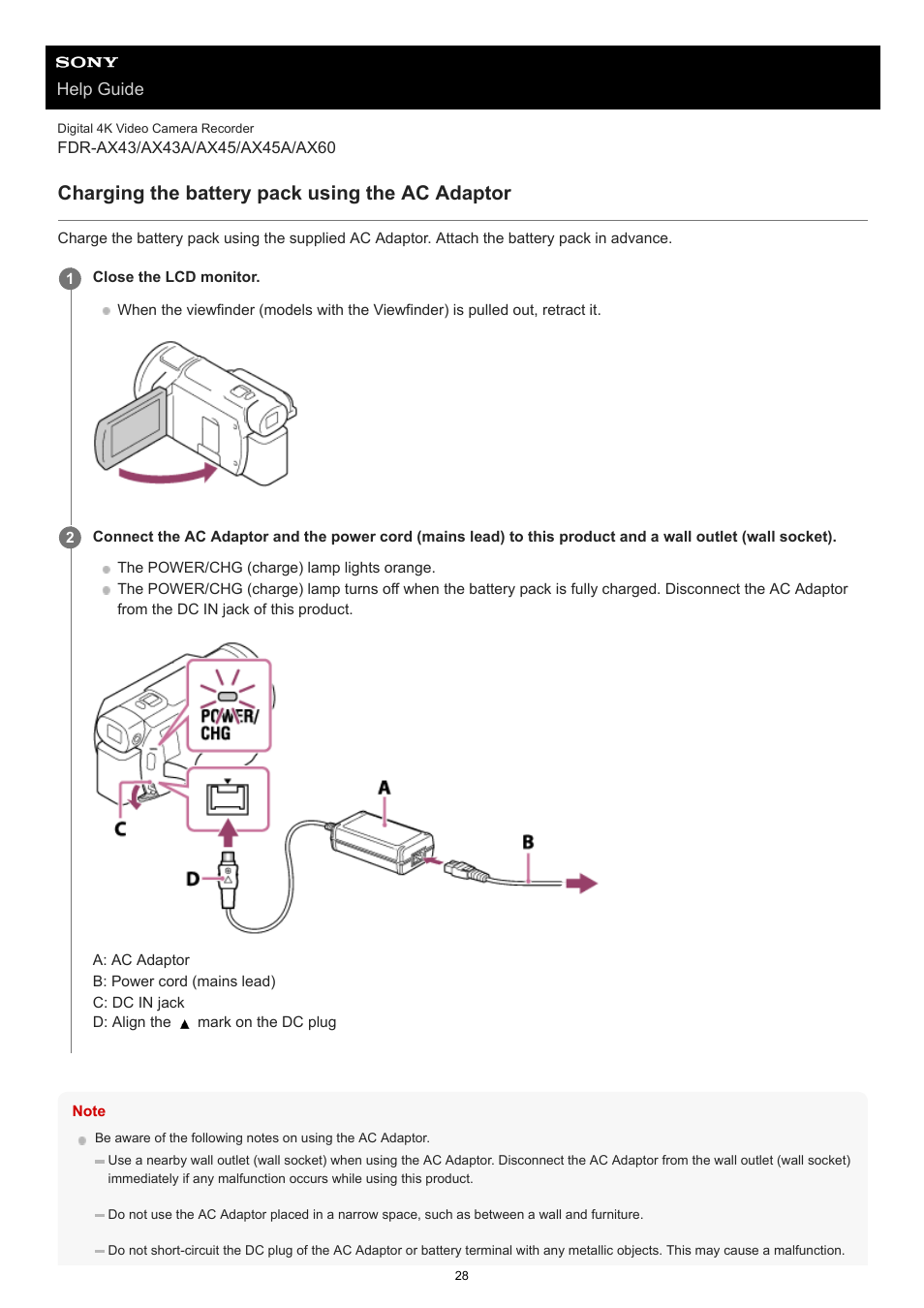 Charging the battery pack using the ac adaptor | Sony BRAVIA BZ40J 100" Class 4K UHD HDR Commercial Monitor User Manual | Page 28 / 353