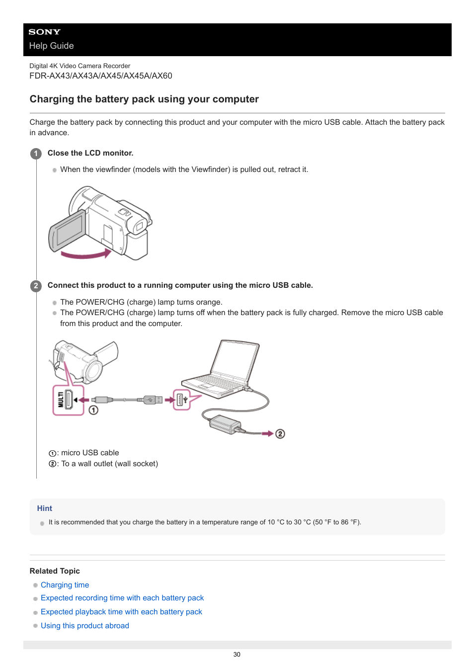 Charging the battery pack using your computer | Sony BRAVIA BZ40J 100" Class 4K UHD HDR Commercial Monitor User Manual | Page 30 / 353