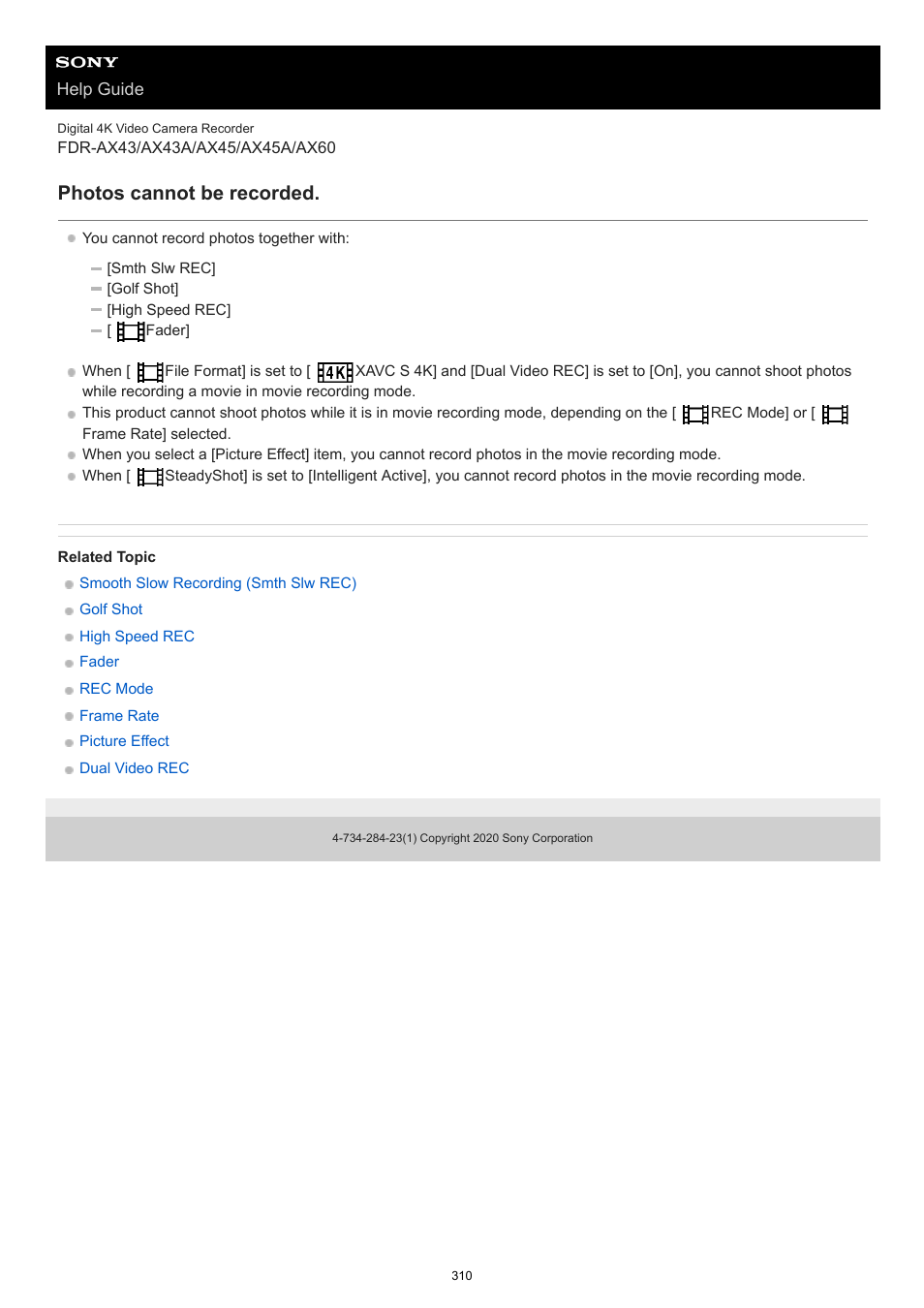 Photos cannot be recorded | Sony BRAVIA BZ40J 100" Class 4K UHD HDR Commercial Monitor User Manual | Page 310 / 353