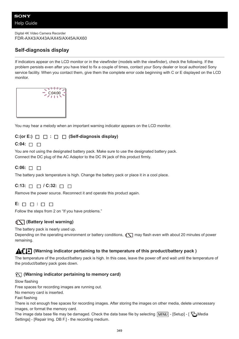 Self-diagnosis display | Sony BRAVIA BZ40J 100" Class 4K UHD HDR Commercial Monitor User Manual | Page 349 / 353