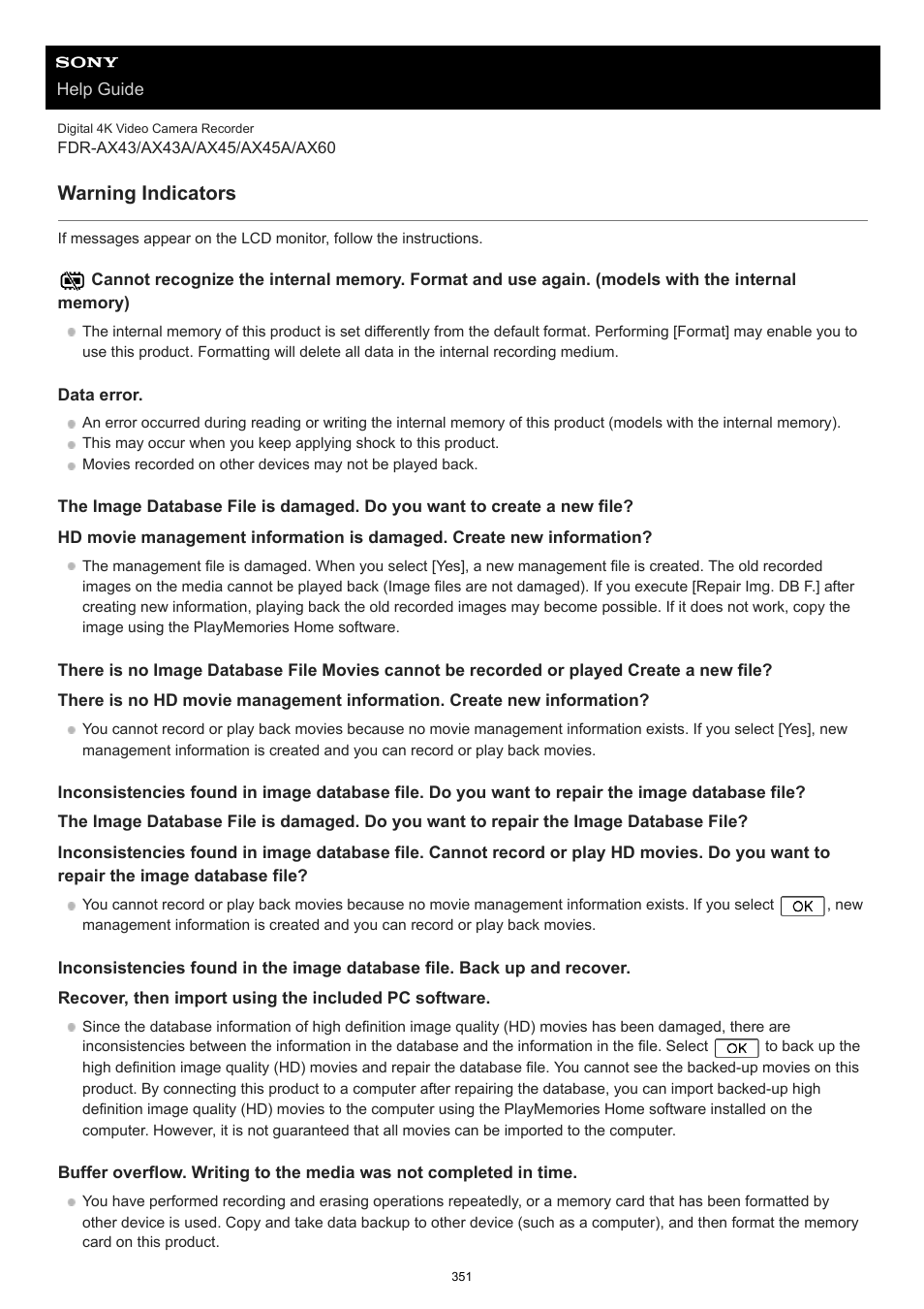 Warning indicators | Sony BRAVIA BZ40J 100" Class 4K UHD HDR Commercial Monitor User Manual | Page 351 / 353