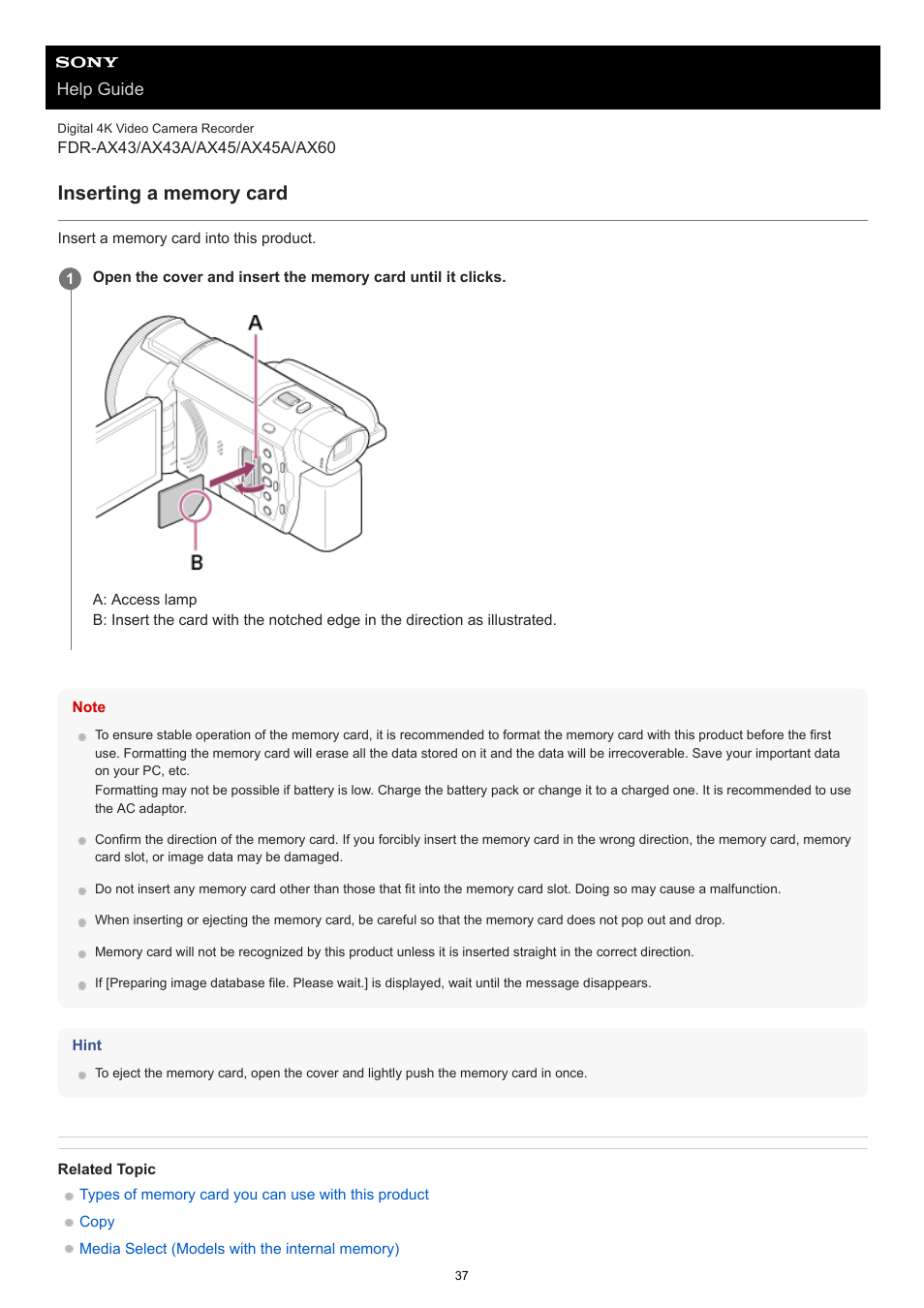 Inserting a memory card, Help guide | Sony BRAVIA BZ40J 100" Class 4K UHD HDR Commercial Monitor User Manual | Page 37 / 353