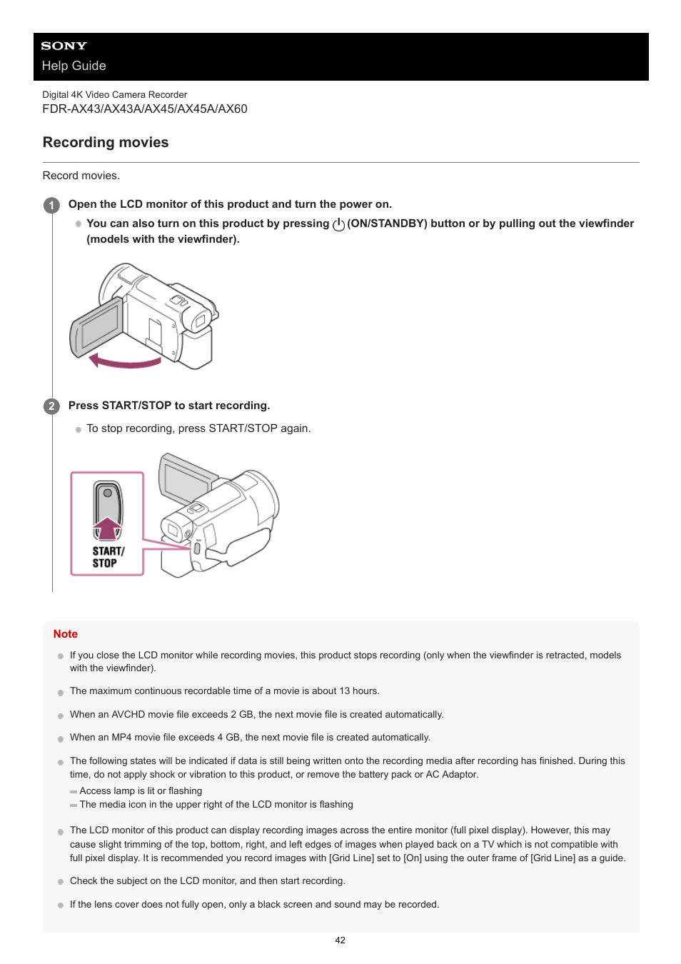 Recording movies, Help guide | Sony BRAVIA BZ40J 100" Class 4K UHD HDR Commercial Monitor User Manual | Page 42 / 353