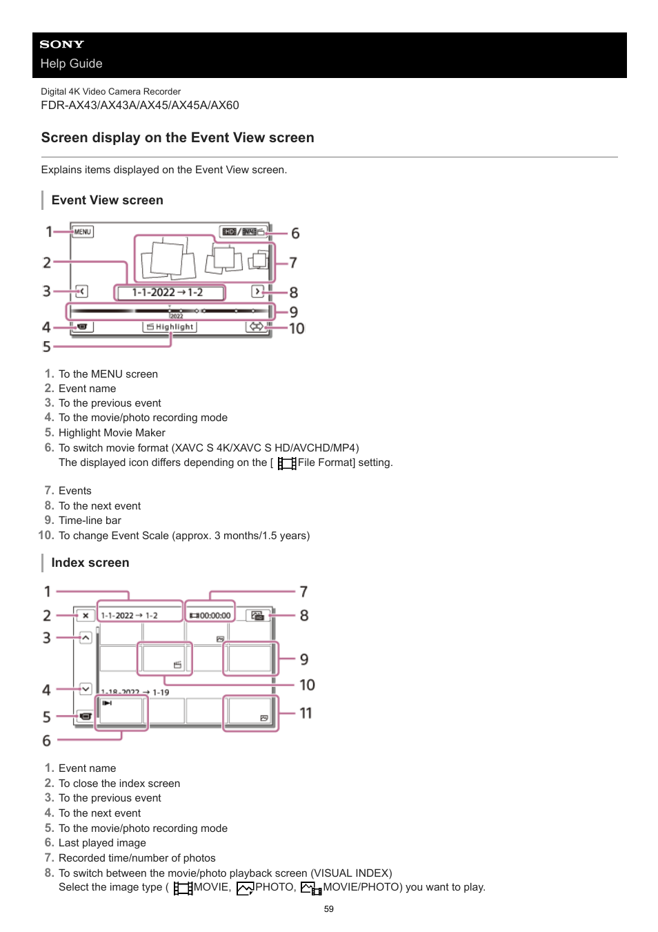 Screen display on the event view screen | Sony BRAVIA BZ40J 100" Class 4K UHD HDR Commercial Monitor User Manual | Page 59 / 353