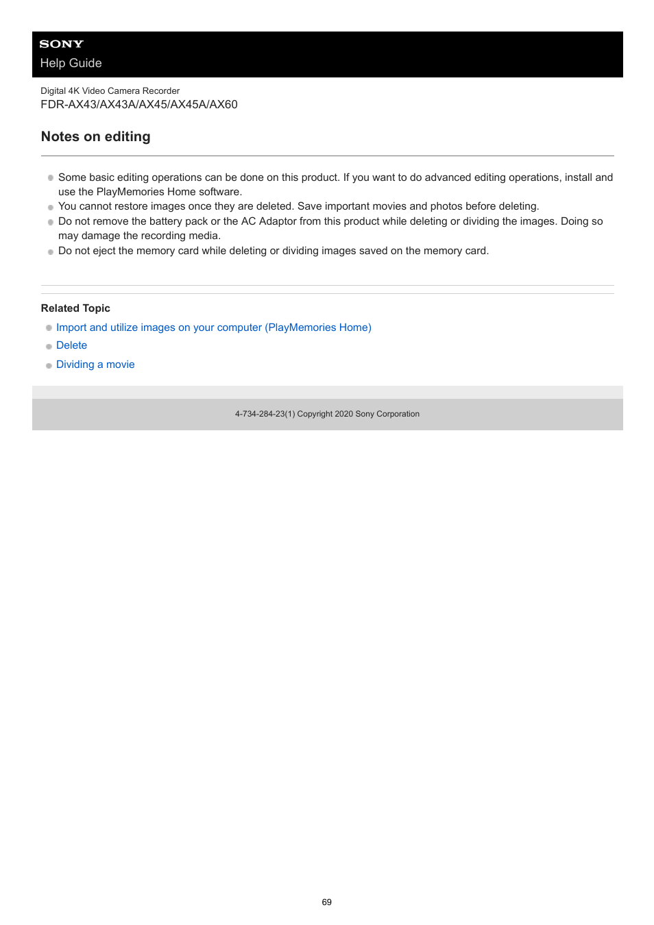 Notes on editing | Sony BRAVIA BZ40J 100" Class 4K UHD HDR Commercial Monitor User Manual | Page 69 / 353