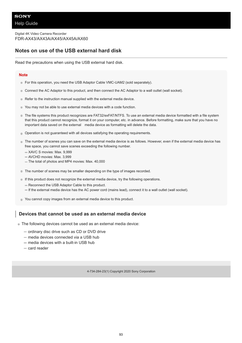 Notes on use of the usb external hard disk, Help guide | Sony BRAVIA BZ40J 100" Class 4K UHD HDR Commercial Monitor User Manual | Page 93 / 353