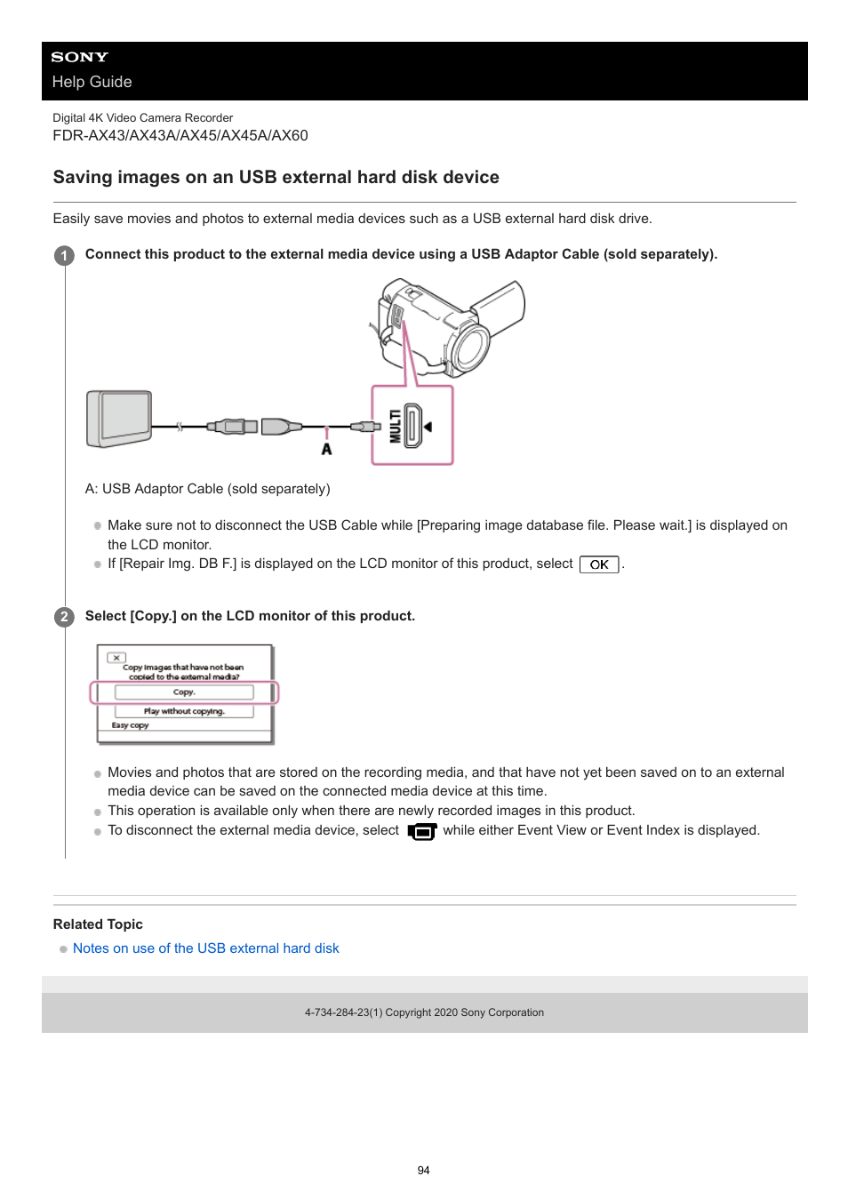 Saving images on an usb external hard disk device | Sony BRAVIA BZ40J 100" Class 4K UHD HDR Commercial Monitor User Manual | Page 94 / 353