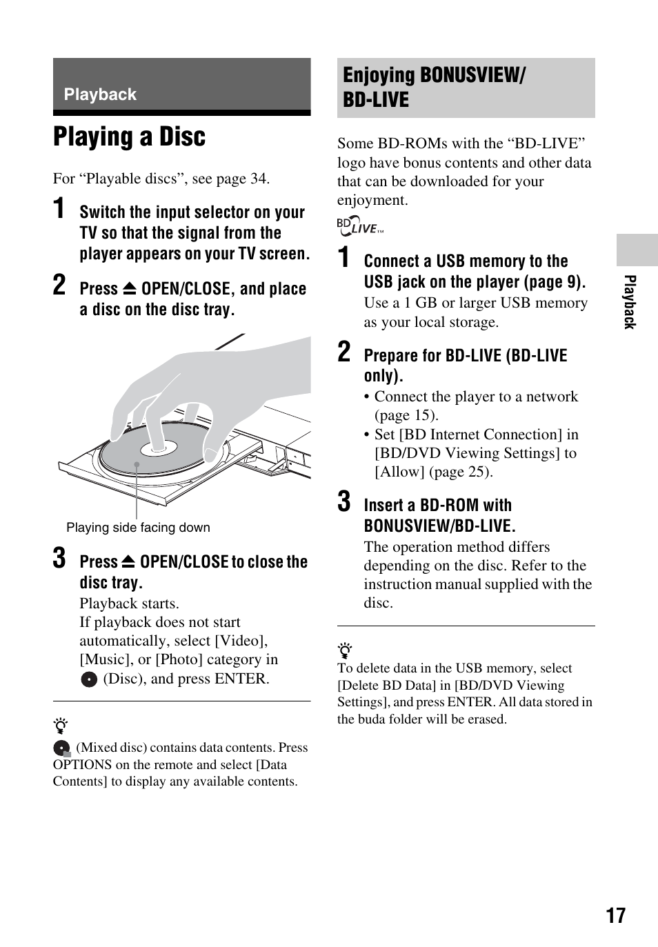 Playback, Playing a disc | Sony LCS-U21 Soft Carrying Case (Black) User Manual | Page 17 / 40