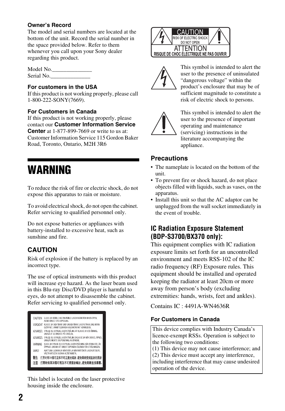 Warning | Sony LCS-U21 Soft Carrying Case (Black) User Manual | Page 2 / 40