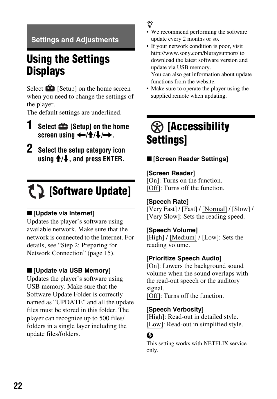 Settings and adjustments, Using the settings displays, Software update | Accessibility settings | Sony LCS-U21 Soft Carrying Case (Black) User Manual | Page 22 / 40