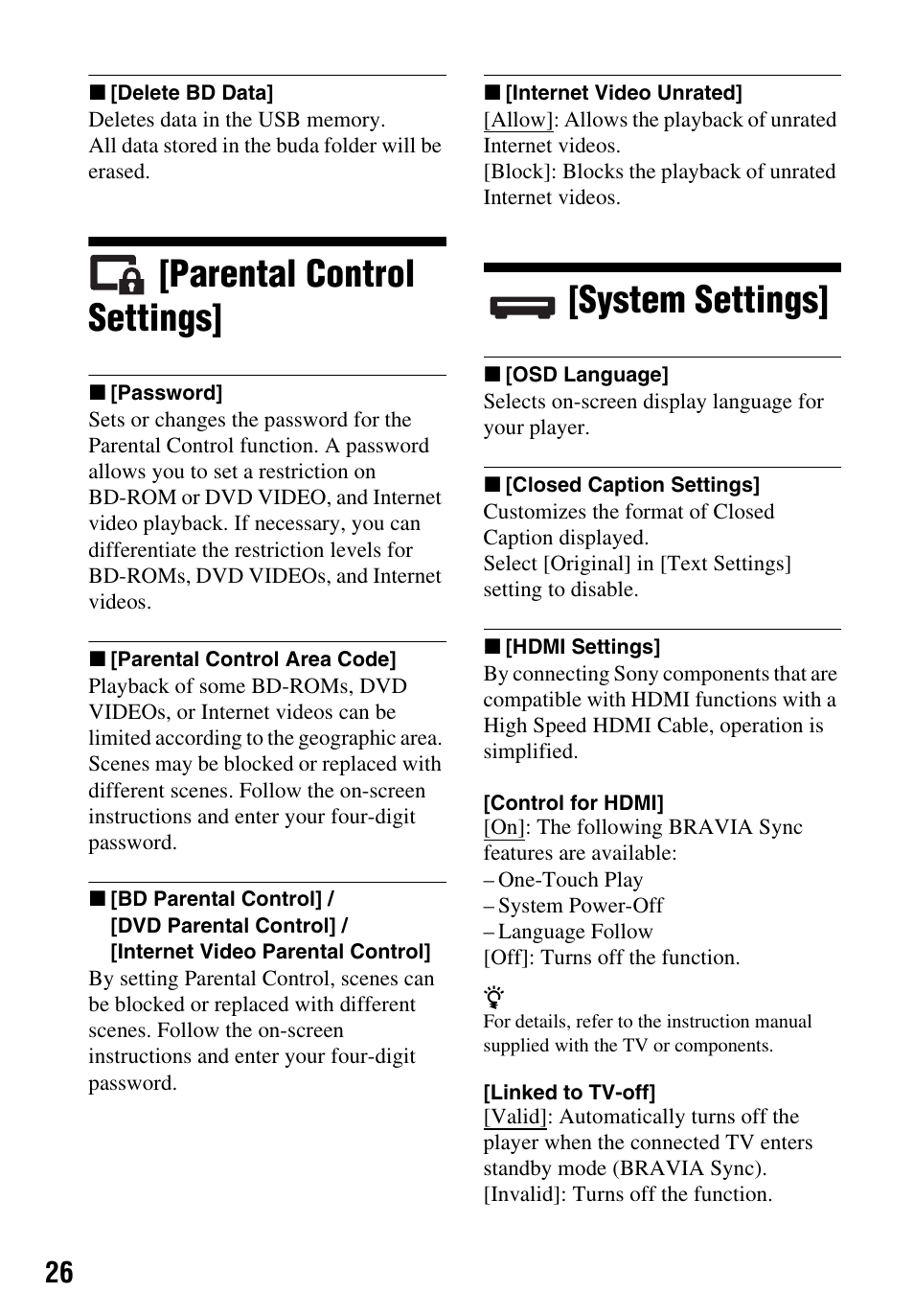 Parental control settings, System settings | Sony LCS-U21 Soft Carrying Case (Black) User Manual | Page 26 / 40