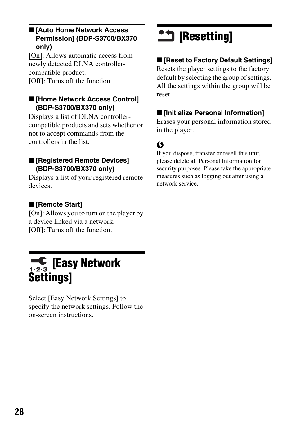 Easy network settings, Resetting | Sony LCS-U21 Soft Carrying Case (Black) User Manual | Page 28 / 40