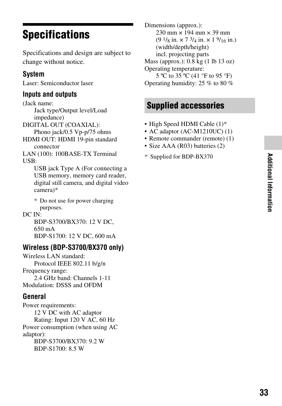 Specifications, Supplied accessories | Sony LCS-U21 Soft Carrying Case (Black) User Manual | Page 33 / 40