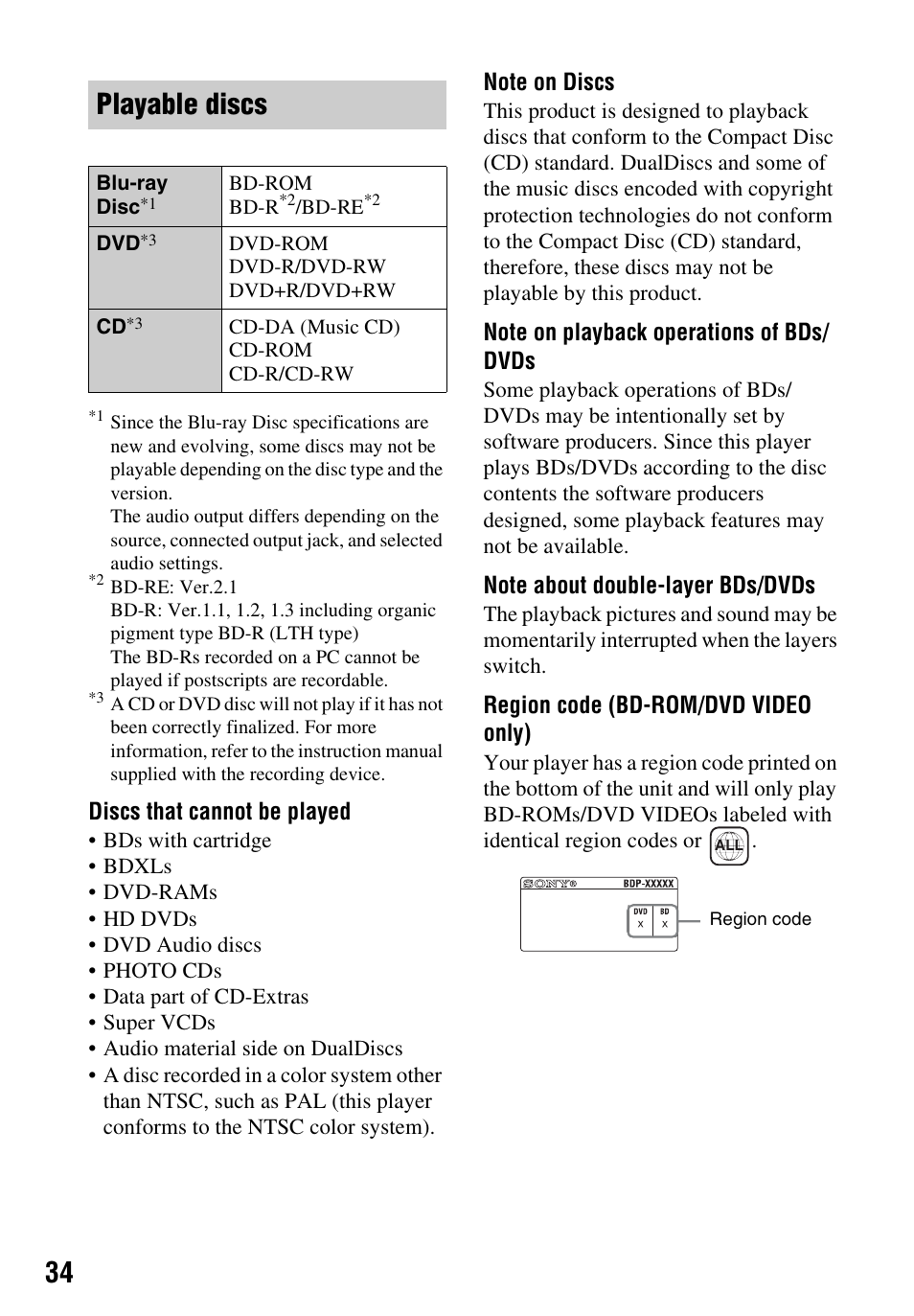 Playable discs | Sony LCS-U21 Soft Carrying Case (Black) User Manual | Page 34 / 40
