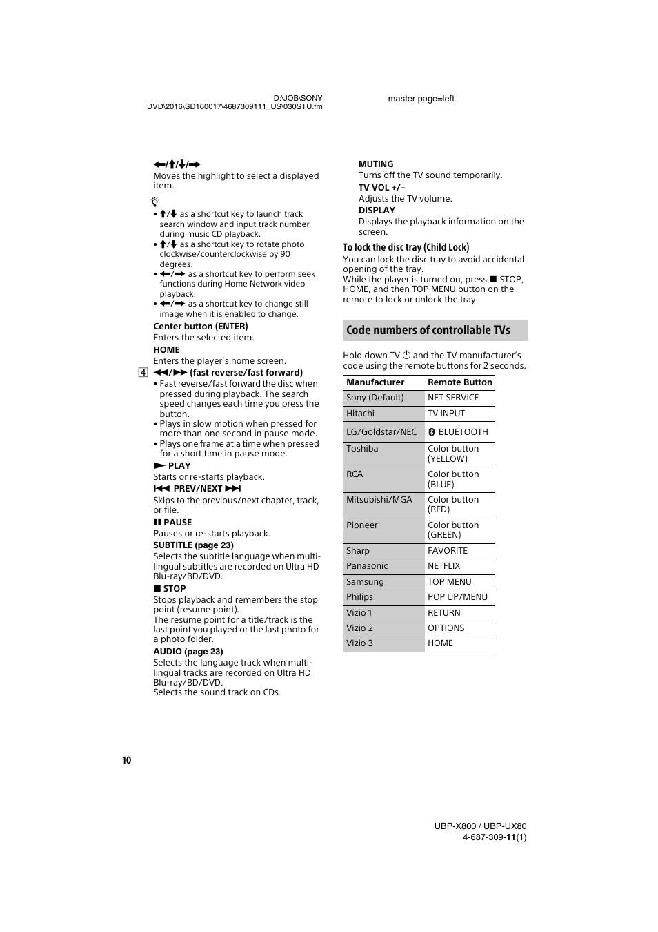 Code numbers of controllable tvs | Sony Cyber-shot DSC-RX1R II Digital Camera User Manual | Page 10 / 44