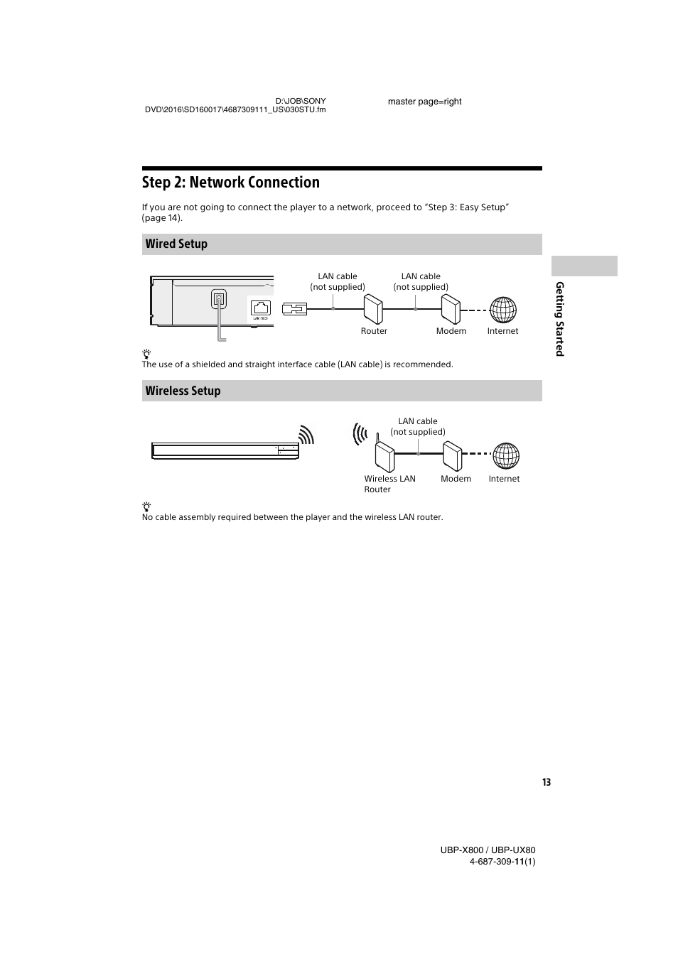 Step 2: network connection, Wired setup wireless setup | Sony Cyber-shot DSC-RX1R II Digital Camera User Manual | Page 13 / 44