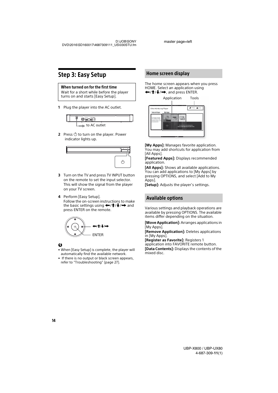 Step 3: easy setup, Home screen display available options | Sony Cyber-shot DSC-RX1R II Digital Camera User Manual | Page 14 / 44