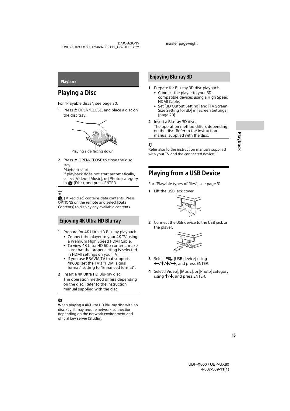 Playback, Playing a disc, Playing from a usb device | Playing a disc playing from a usb device, Enjoying 4k ultra hd blu-ray, Enjoying blu-ray 3d | Sony Cyber-shot DSC-RX1R II Digital Camera User Manual | Page 15 / 44