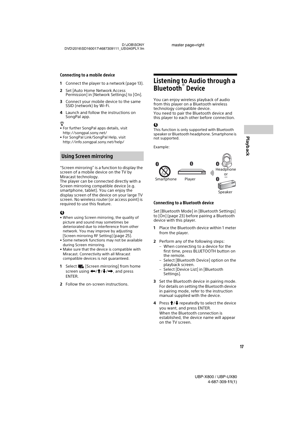 Listening to audio through a bluetooth® device, Listening to audio through a bluetooth, Device | Using screen mirroring | Sony Cyber-shot DSC-RX1R II Digital Camera User Manual | Page 17 / 44