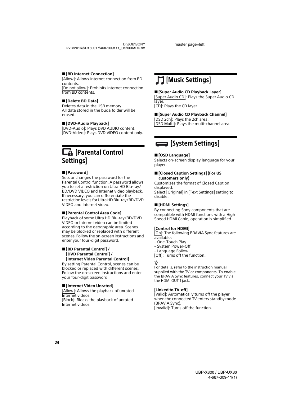 Parental control settings, Music settings, System settings | Sony Cyber-shot DSC-RX1R II Digital Camera User Manual | Page 24 / 44