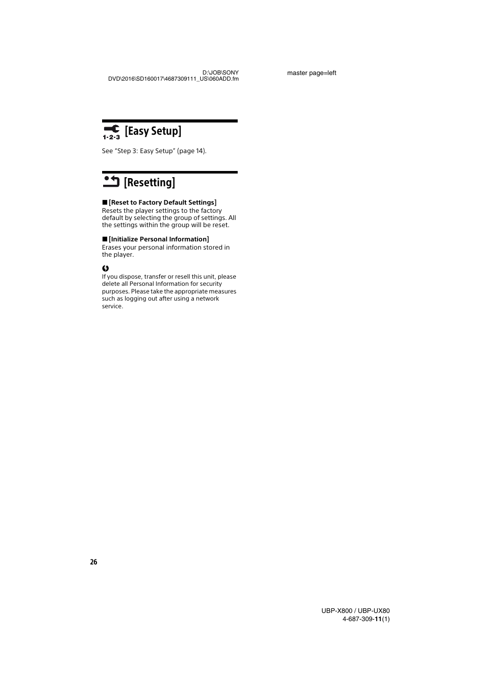 Easy setup, Resetting, Easy setup] [resetting | Sony Cyber-shot DSC-RX1R II Digital Camera User Manual | Page 26 / 44