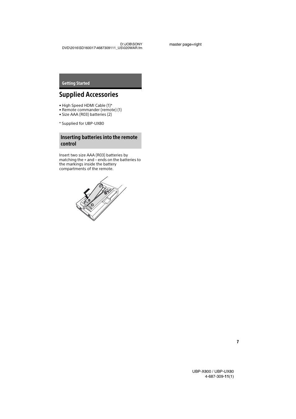 Getting started, Supplied accessories, Inserting batteries into the remote control | Sony Cyber-shot DSC-RX1R II Digital Camera User Manual | Page 7 / 44