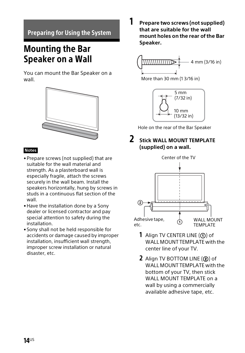 Mounting the bar speaker on a wall, Preparing for using the system | Sony a7R V Mirrorless Camera User Manual | Page 14 / 37