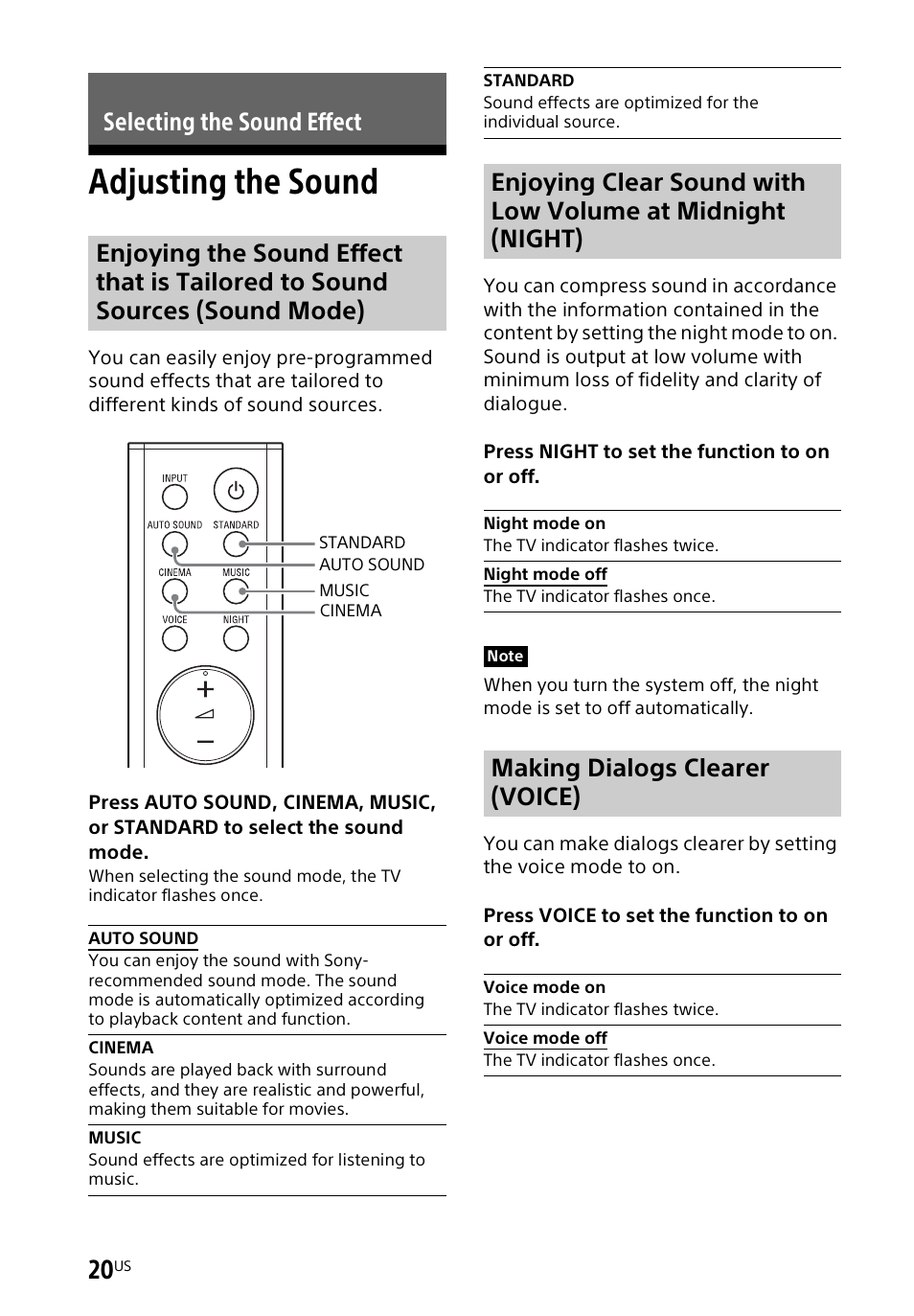 Adjusting the sound, Making dialogs clearer (voice) | Sony a7R V Mirrorless Camera User Manual | Page 20 / 37