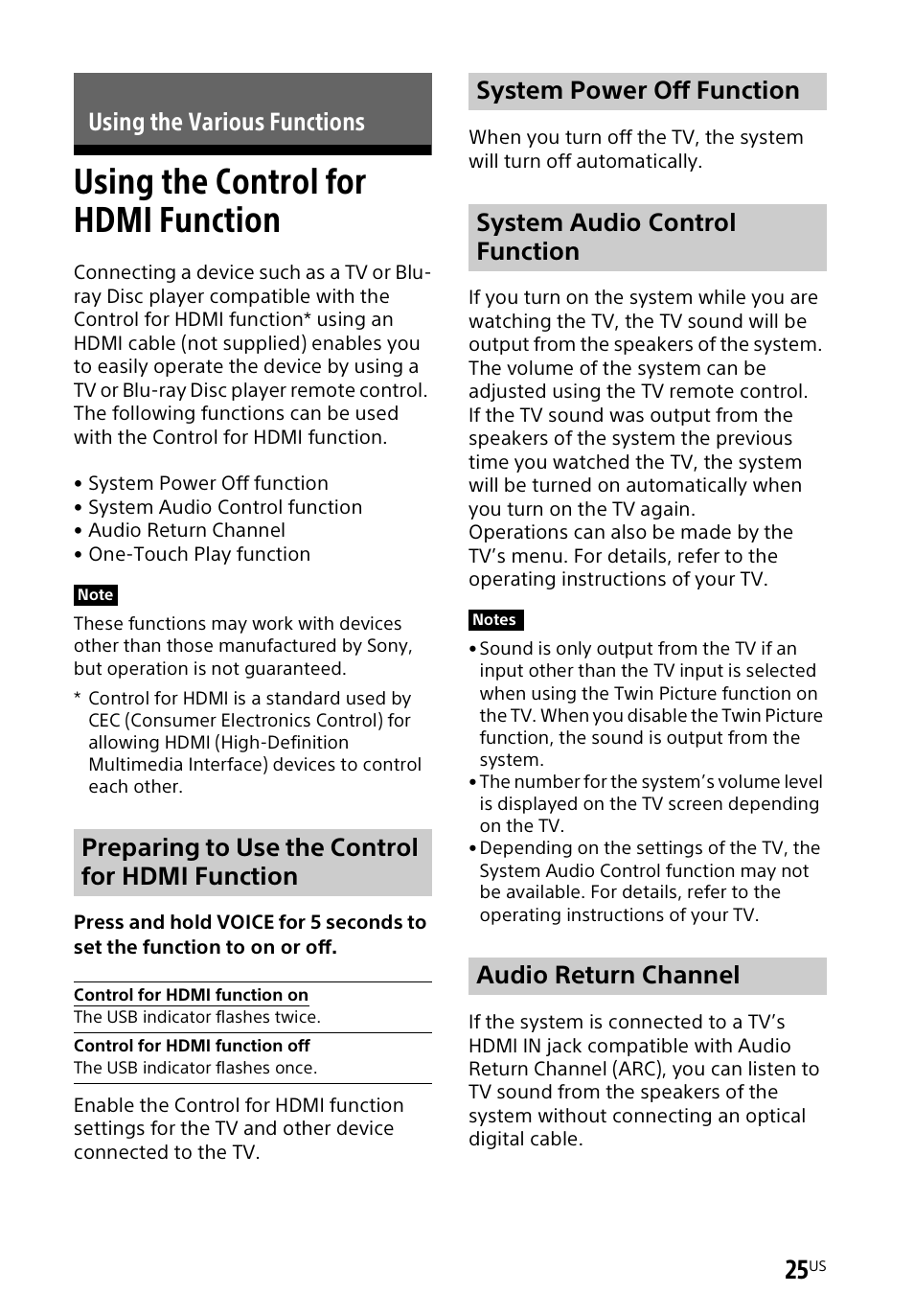 Using the control for hdmi function, Using the various functions, Preparing to use the control for hdmi function | Audio return channel | Sony a7R V Mirrorless Camera User Manual | Page 25 / 37