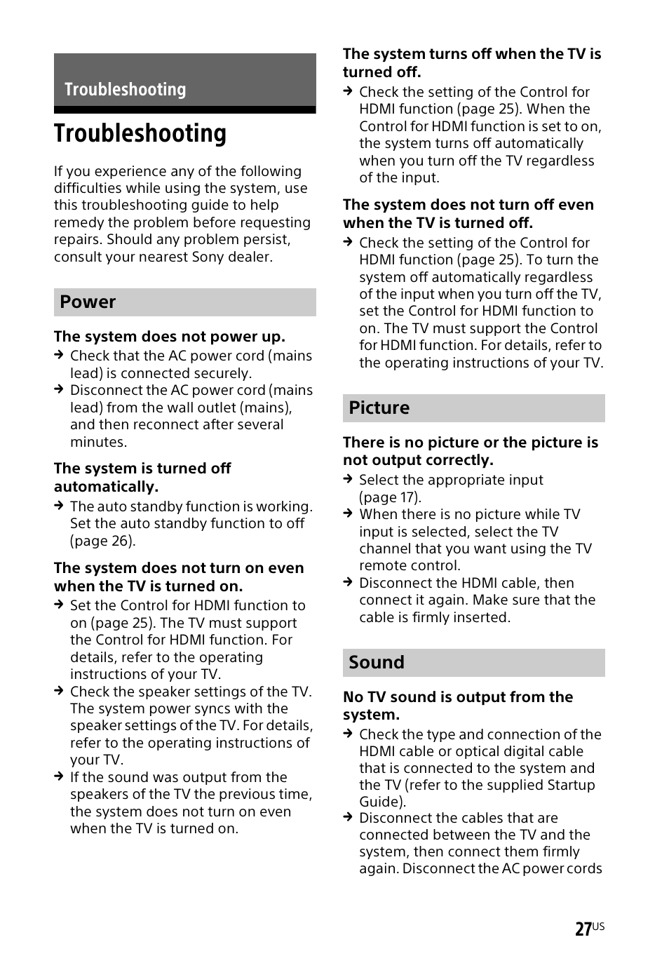 Troubleshooting, Troubleshooting power picture sound | Sony a7R V Mirrorless Camera User Manual | Page 27 / 37