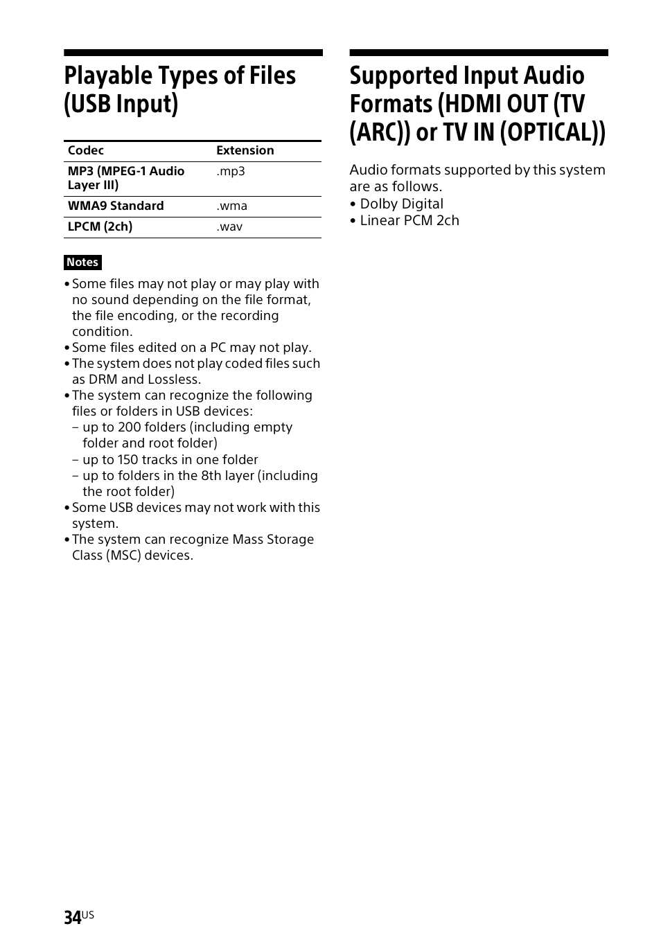 Playable types of files (usb input) | Sony a7R V Mirrorless Camera User Manual | Page 34 / 37