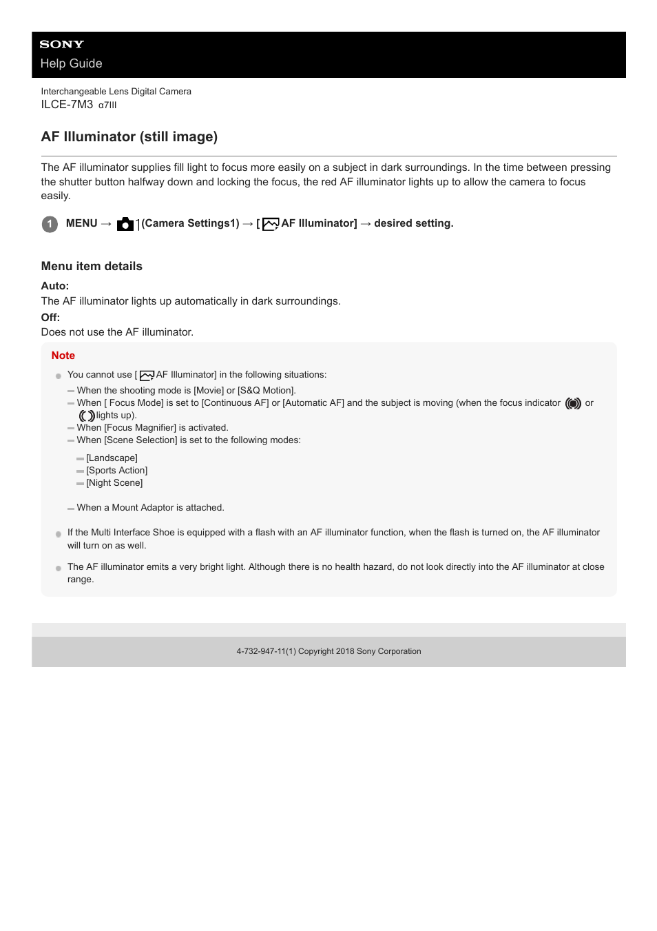 Af illuminator (still image), Help guide | Sony a7C Mirrorless Camera (Black) User Manual | Page 104 / 642