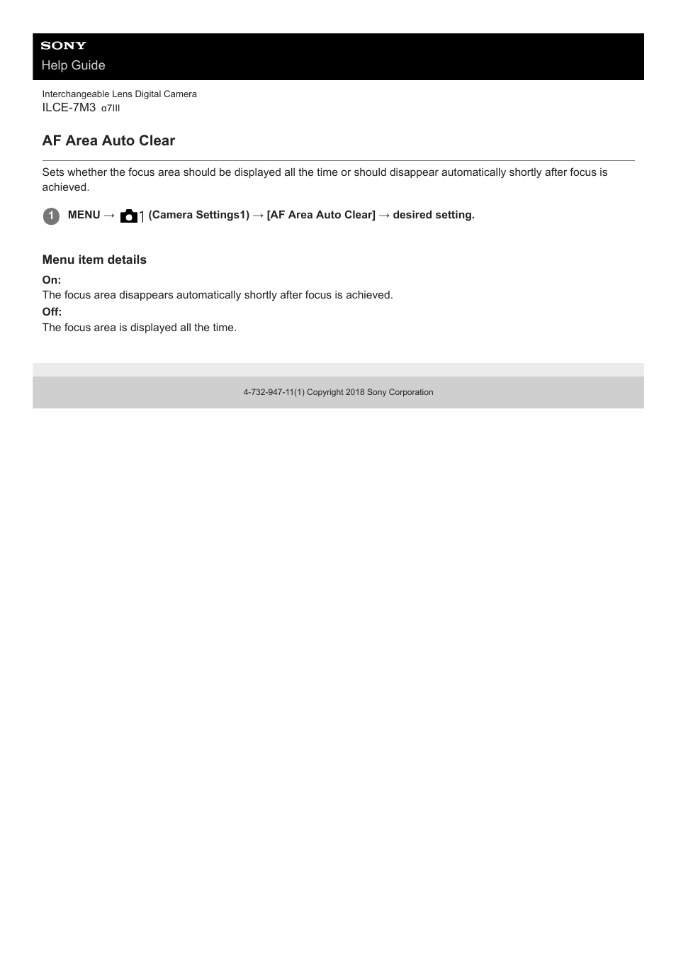 Af area auto clear | Sony a7C Mirrorless Camera (Black) User Manual | Page 105 / 642