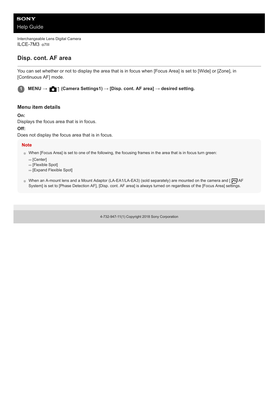 Disp. cont. af area, Help guide | Sony a7C Mirrorless Camera (Black) User Manual | Page 106 / 642