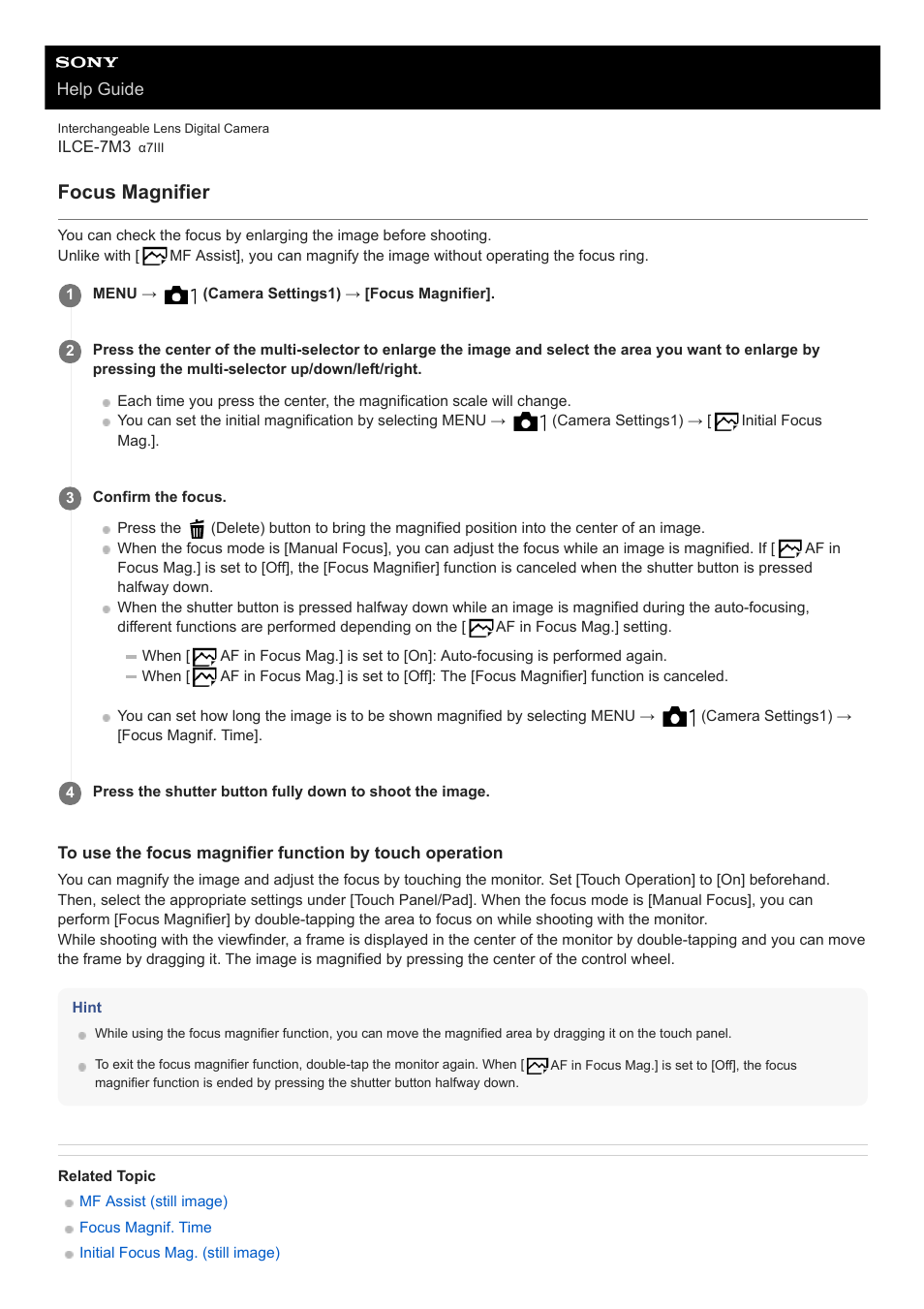 Focus magnifier | Sony a7C Mirrorless Camera (Black) User Manual | Page 111 / 642