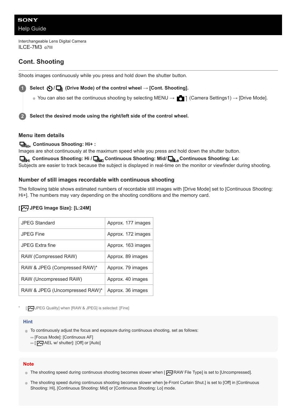 Cont. shooting | Sony a7C Mirrorless Camera (Black) User Manual | Page 118 / 642