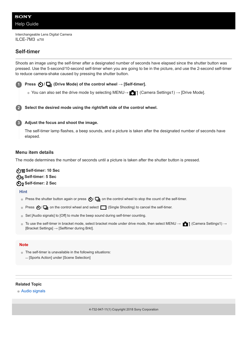 Self-timer, Help guide | Sony a7C Mirrorless Camera (Black) User Manual | Page 121 / 642