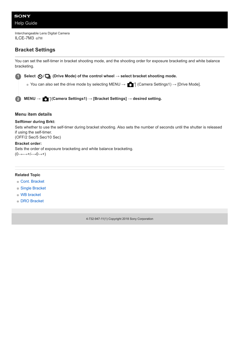 Bracket settings | Sony a7C Mirrorless Camera (Black) User Manual | Page 129 / 642