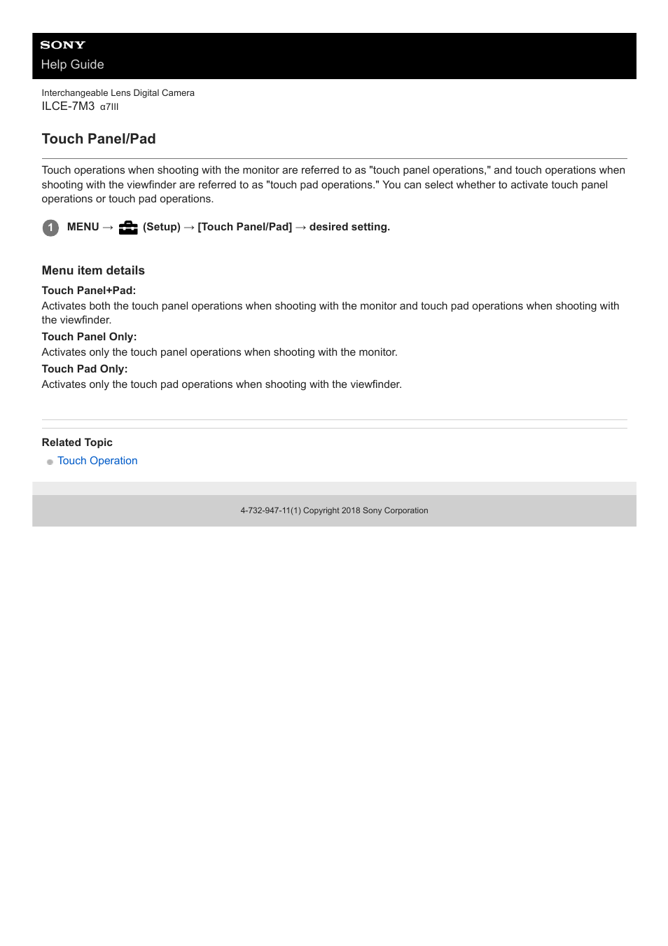 Touch panel/pad | Sony a7C Mirrorless Camera (Black) User Manual | Page 131 / 642