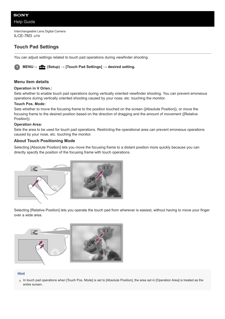 Touch pad settings | Sony a7C Mirrorless Camera (Black) User Manual | Page 134 / 642