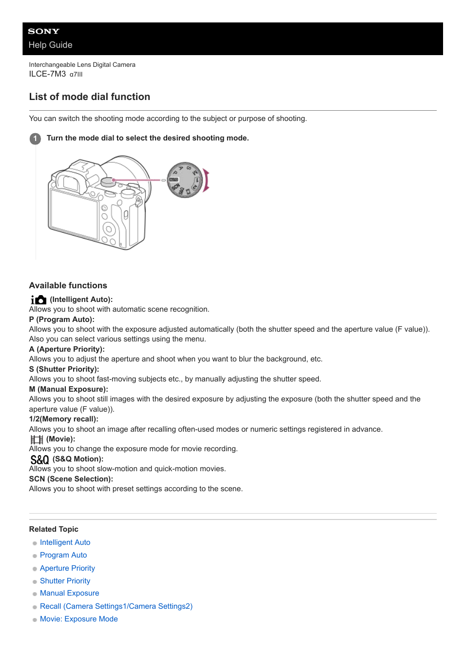 List of mode dial function | Sony a7C Mirrorless Camera (Black) User Manual | Page 145 / 642