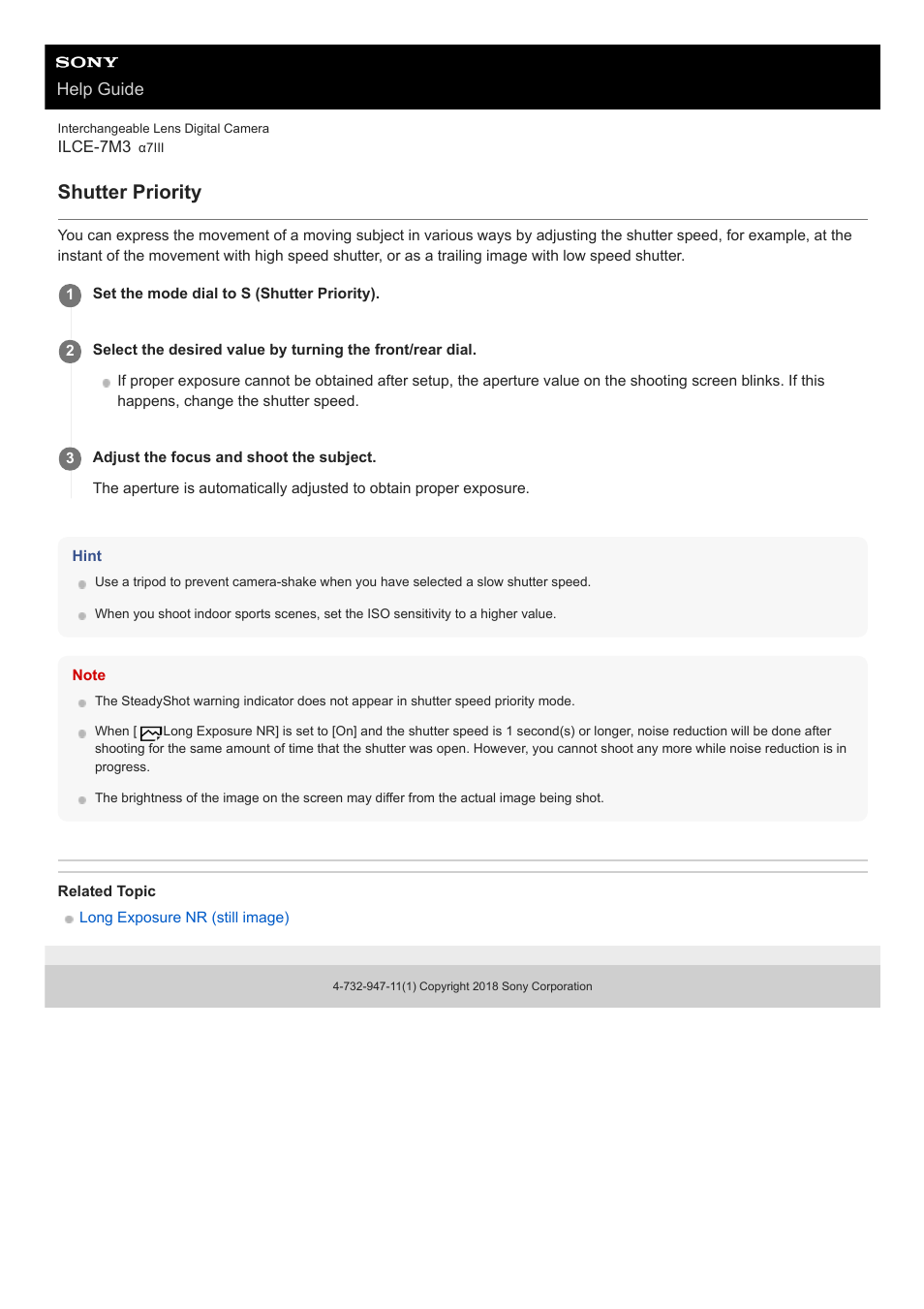 Shutter priority, Help guide | Sony a7C Mirrorless Camera (Black) User Manual | Page 151 / 642