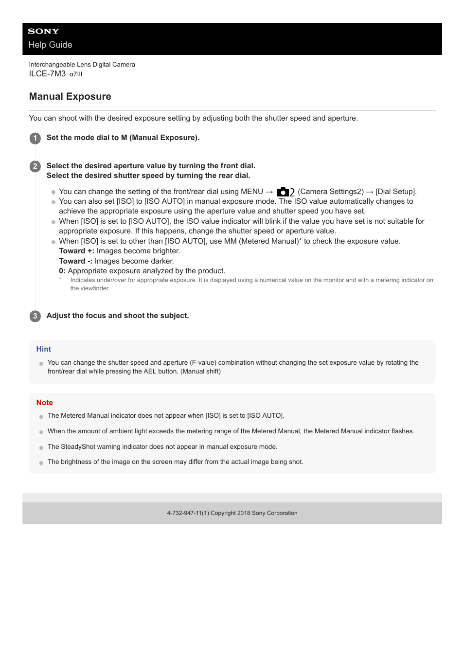 Manual exposure, Help guide | Sony a7C Mirrorless Camera (Black) User Manual | Page 152 / 642