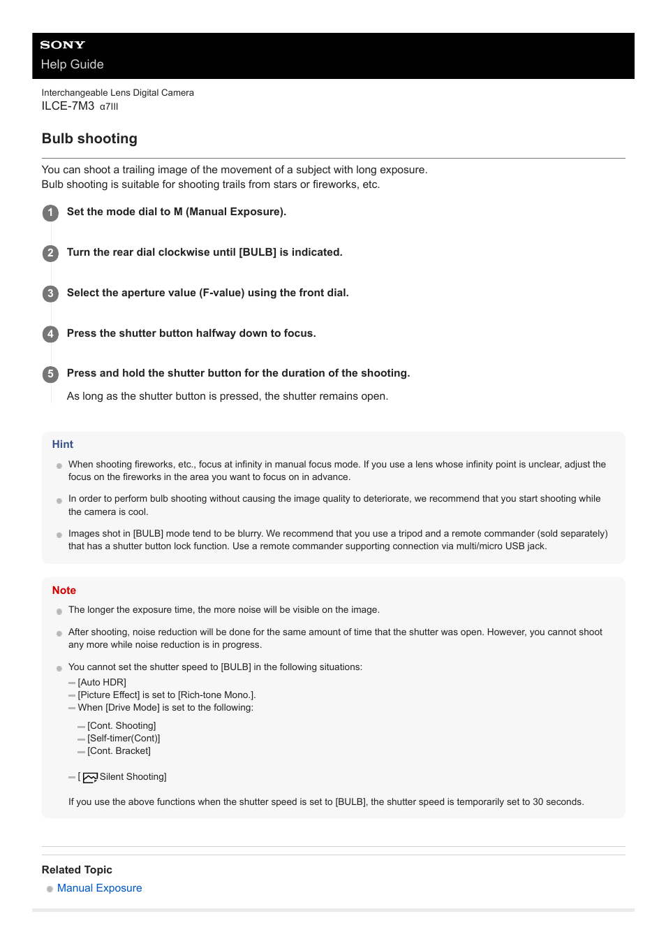 Bulb shooting, Help guide | Sony a7C Mirrorless Camera (Black) User Manual | Page 153 / 642