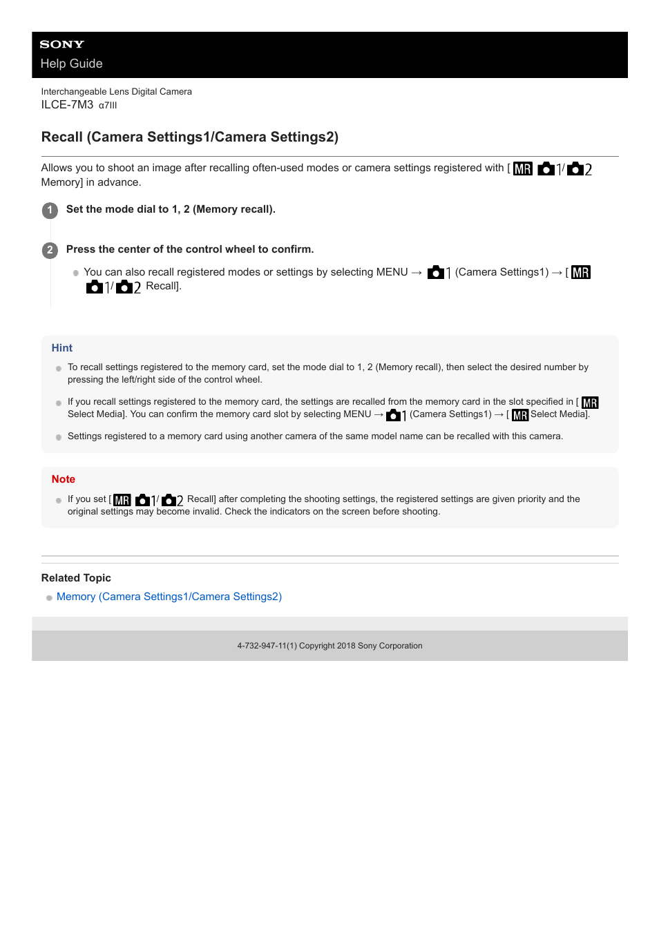 Recall (camera settings1/camera settings2), Help guide | Sony a7C Mirrorless Camera (Black) User Manual | Page 157 / 642